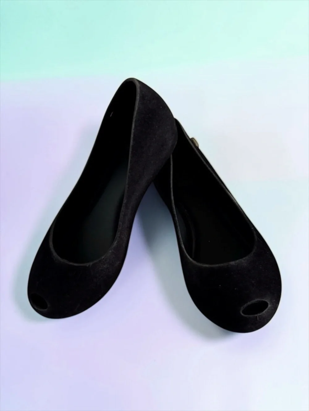Mini Melissa Peep‑Toe Flats Black Velvet Matte Girls Size 13 Like New